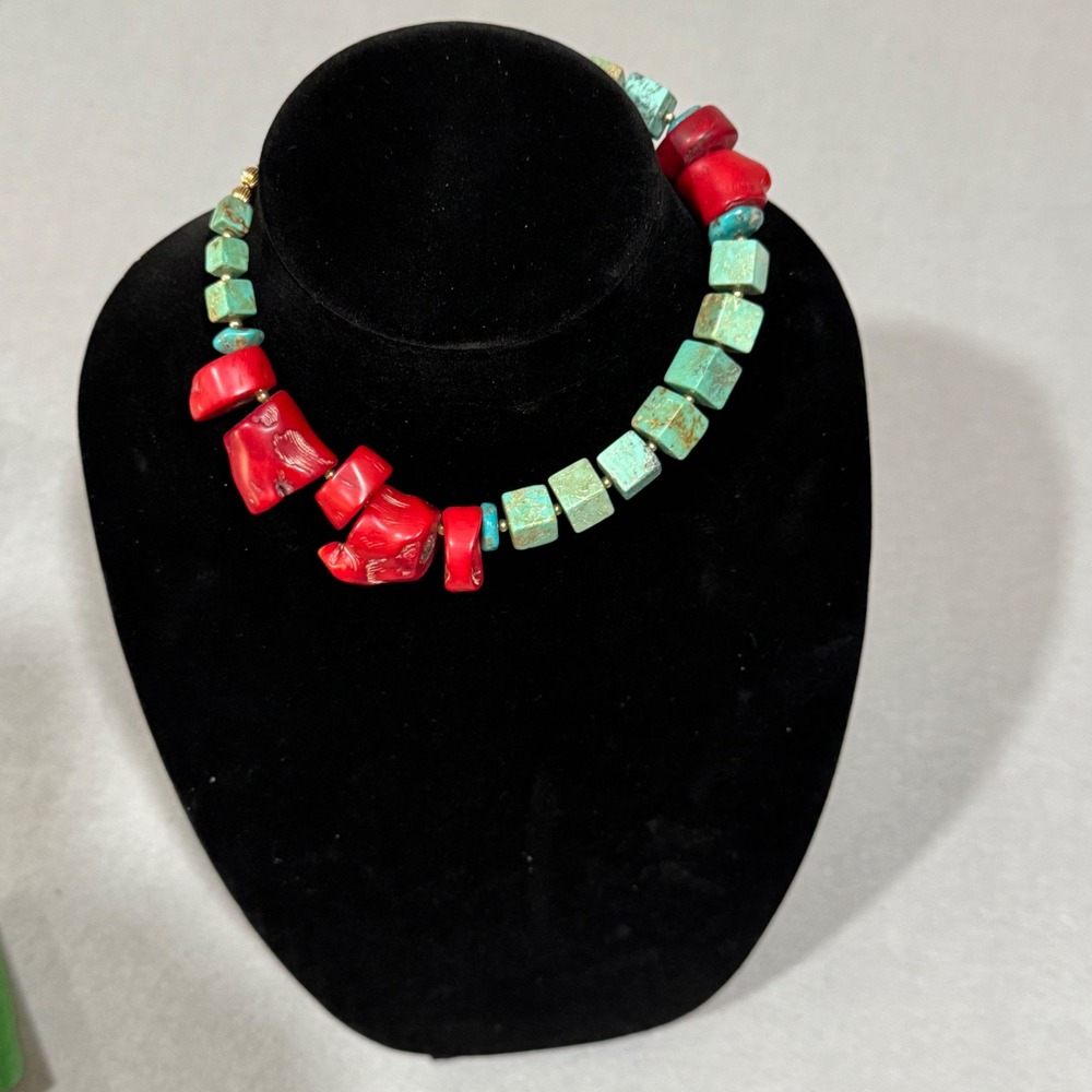 Choker Necklace Women Red Coral Turquoise 14K Gold Filled Toggle 15.5"Chunky